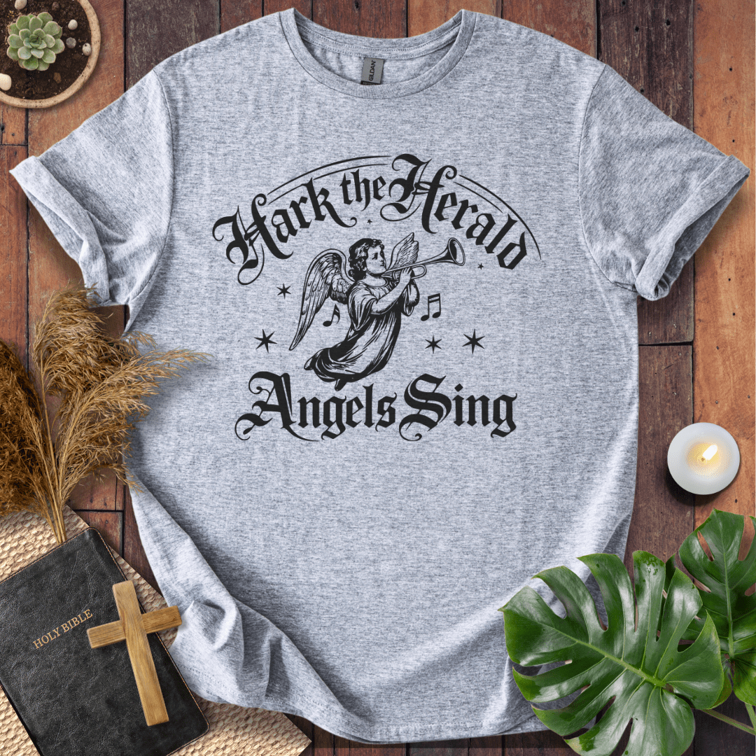 Inspirational Christian t-shirt with angel and music notes – Hark the Herald design