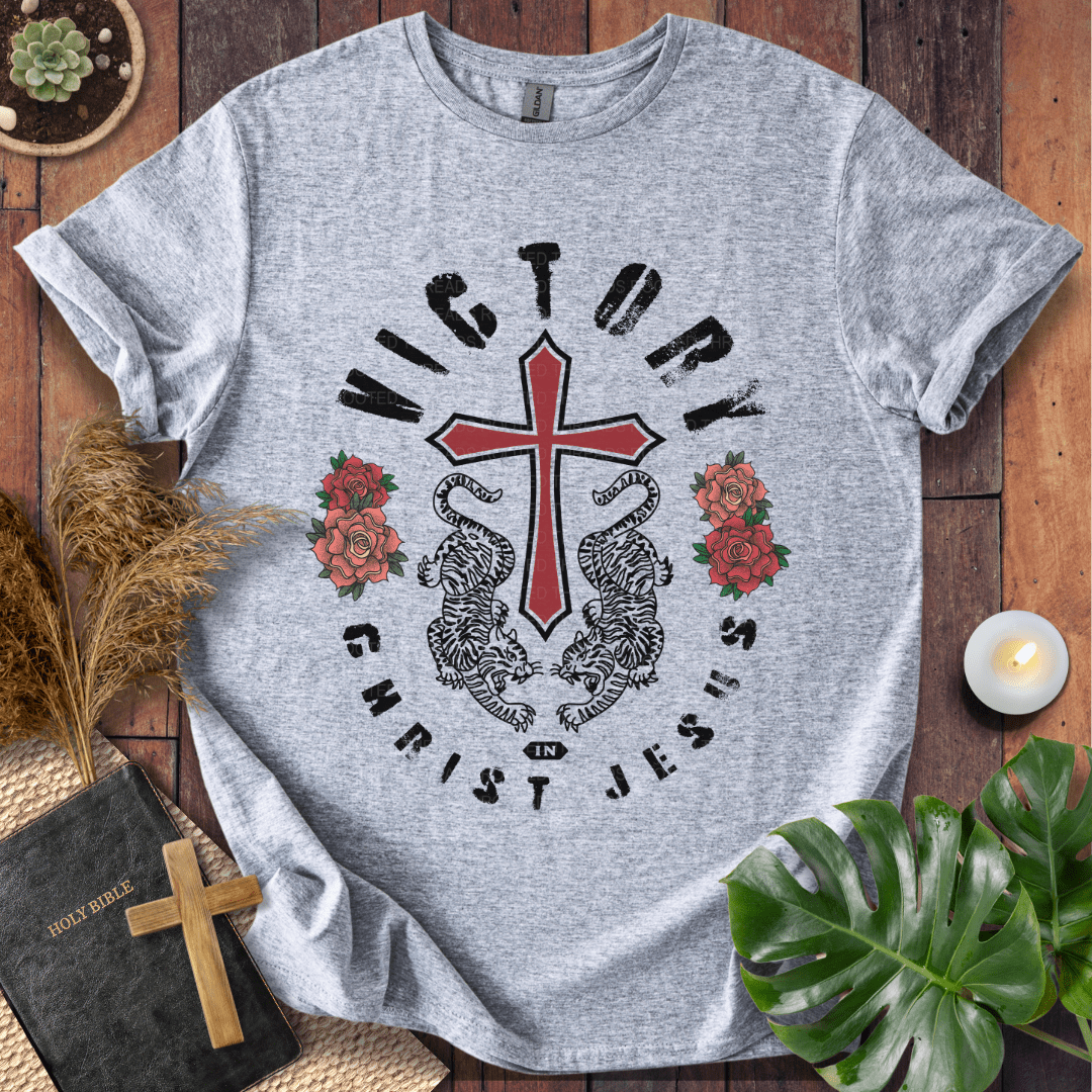 Victory in Christ Jesus Christian t-shirt in natural—red cross with twin tigers and roses graphic.
