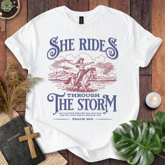 Cowgirl Christian shirt – She Rides Through the Storm tee by Rooted Threads