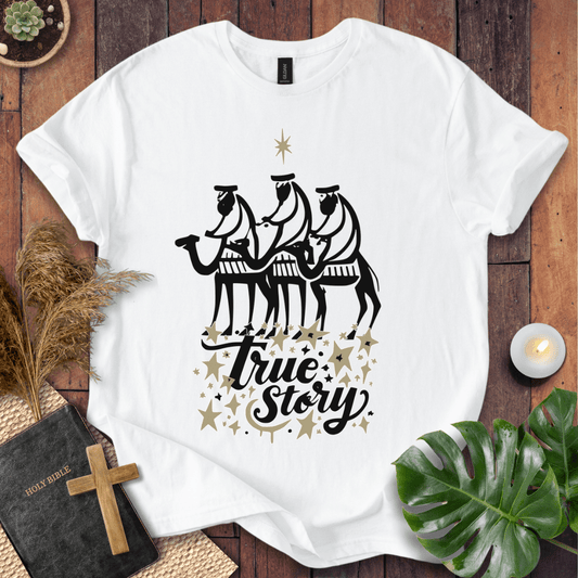 Religious Christmas tee featuring nativity scene and faith message