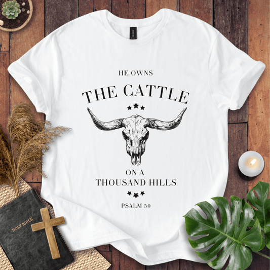 Minimalist cow skull graphic tee with Psalm 50 bible verse on shirt for women with western ranch style.