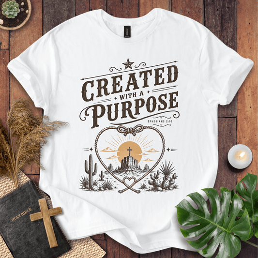 Christian Western t-shirt displaying "Created with a Purpose Ephesians 2:10" with a cross on a desert mesa inside a rope heart.