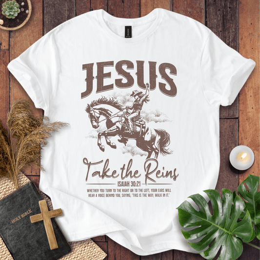 Vintage cowgirl on a horse graphic tee with Isaiah 30:21 bible verse on a shirt for western Christian style.