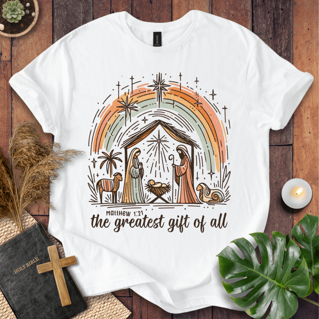 Faith Christmas shirt featuring hand-drawn manger scene – religious holiday tee
