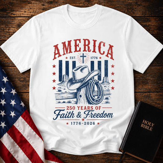 Patriotic Western graphic tee named featuring a cowboy hat, lasso, cross, and "250 Years of Faith & Freedom".