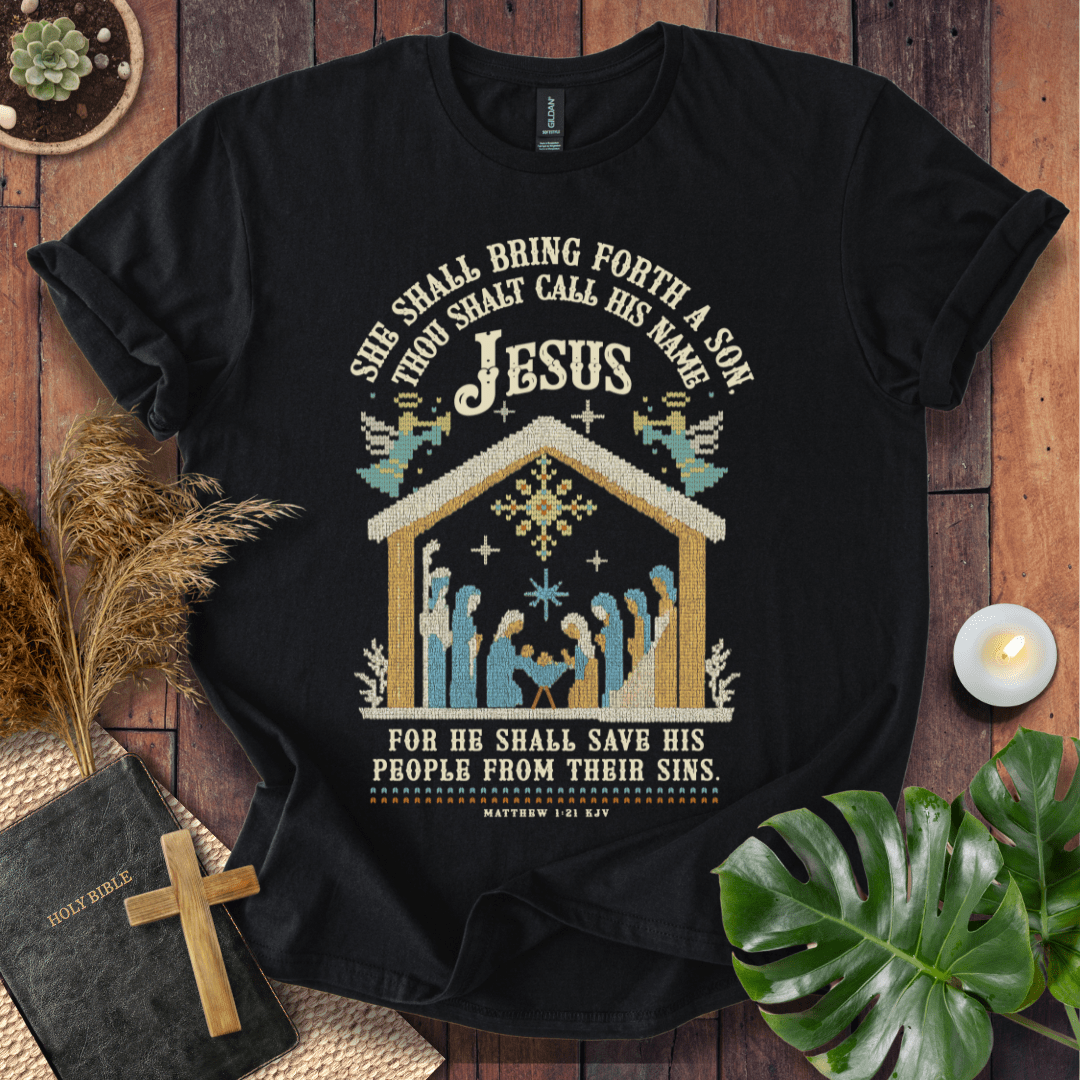 She Shall Bring Forth a Son Christian Christmas t-shirt with nativity cross-stitch design