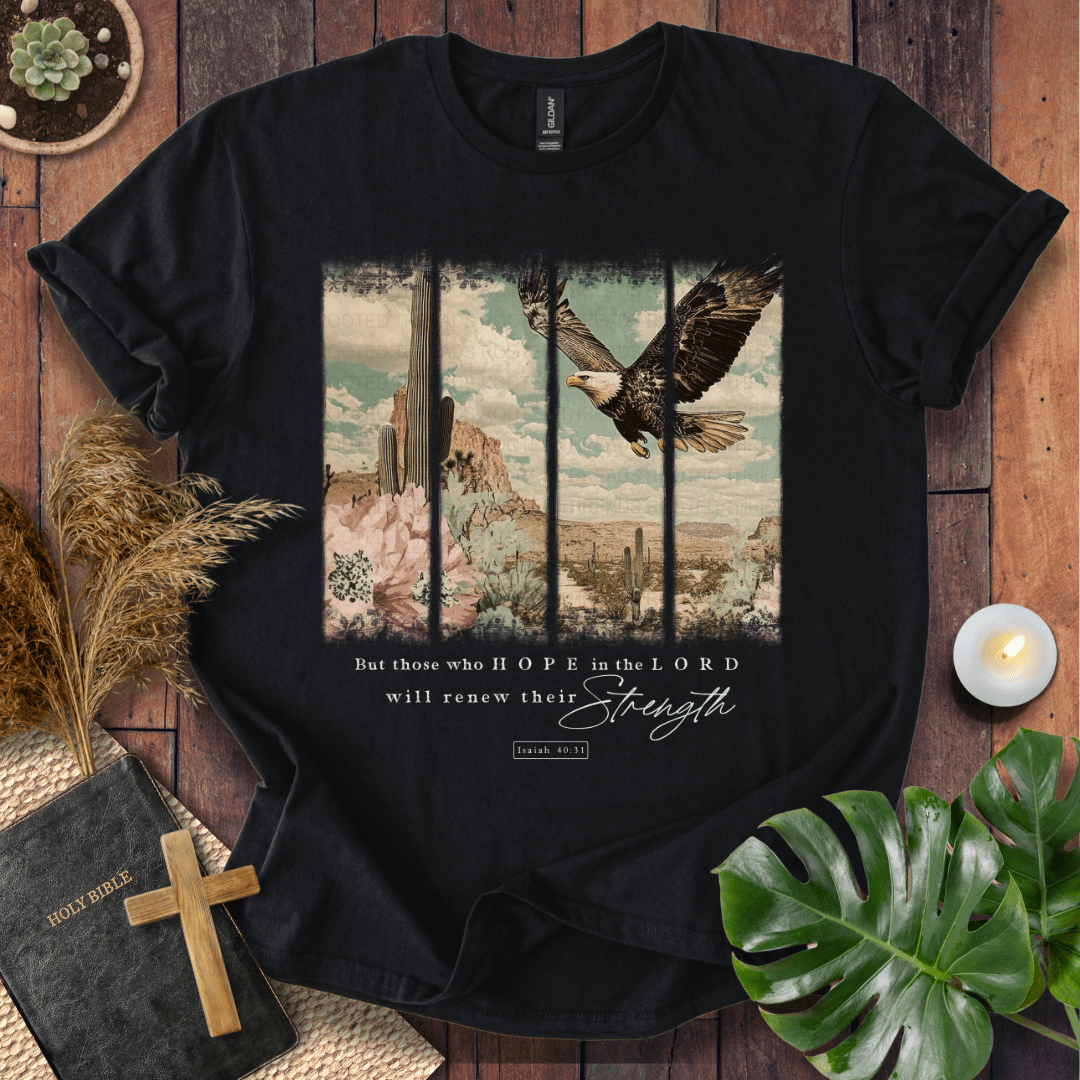 Isaiah 40:31 Christian t-shirt in forest green—flying eagle over desert cactus panels; renew their strength.