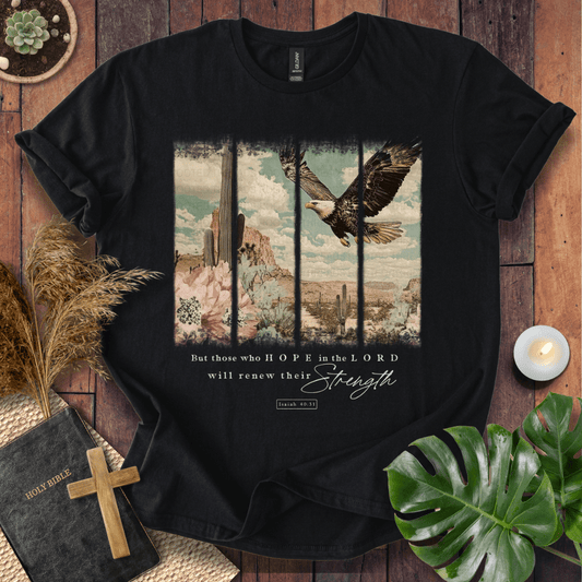 Isaiah 40:31 Christian t-shirt in forest green—flying eagle over desert cactus panels; renew their strength.