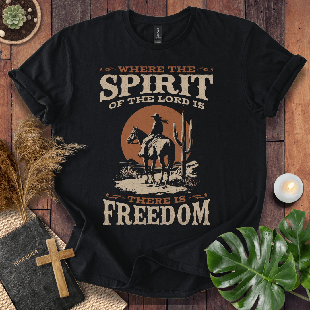Western t-shirt featuring a horse rider, cactus, and sunset with the bible verse Where the Spirit of the Lord is there is Freedom.