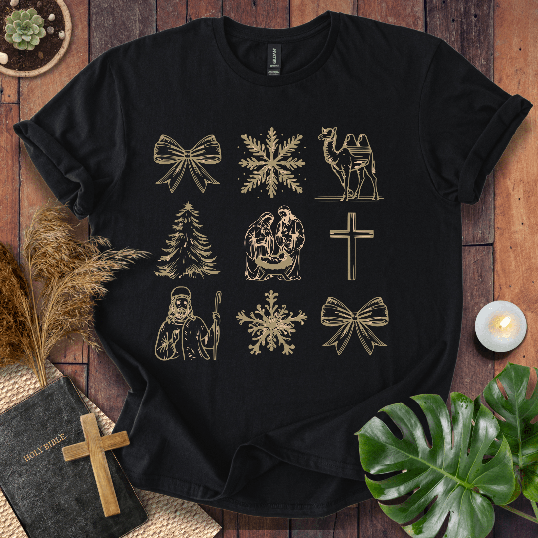 Inspirational Christian t-shirt celebrating Jesus’ birth – gold outline nativity design