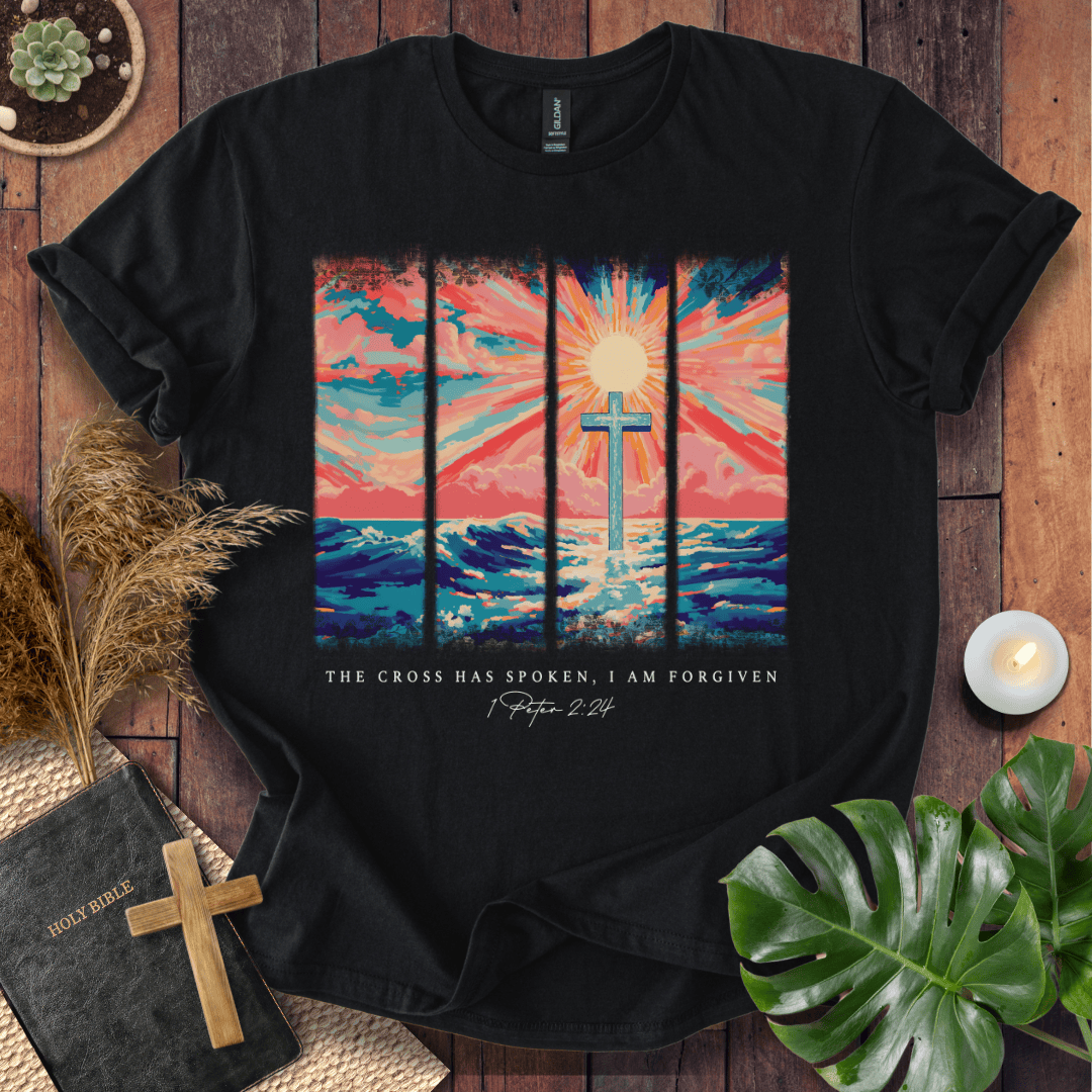 Christian t shirt for women featuring a colorful sunrise cross design and 1 Peter 2:24 scripture for Easter.