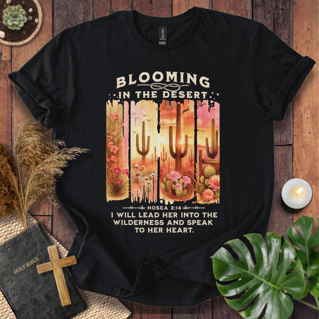 Christian t-shirt with desert sunset, cacti, and Hosea 2:14 scripture "I will lead her into the wilderness."
