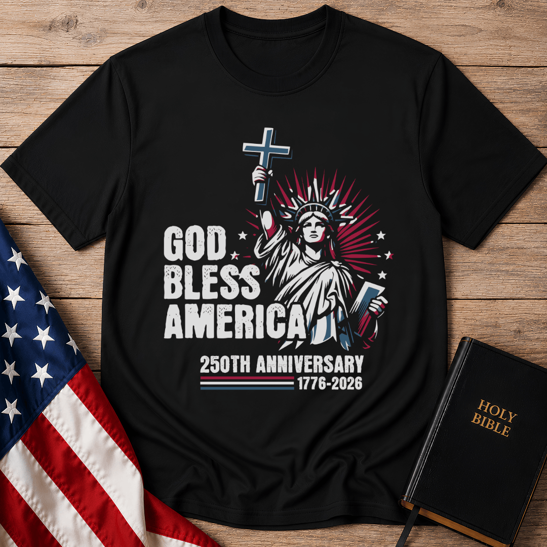 Patriotic Christian t shirts featuring the Statue of Liberty holding a cross for America's 250th anniversary.