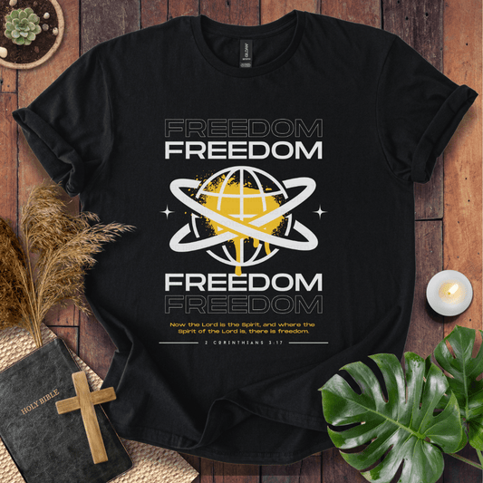 Freedom Christian t-shirt—modern globe with orbit rings and verse 2 Corinthians 3:17 about the Spirit and freedom.