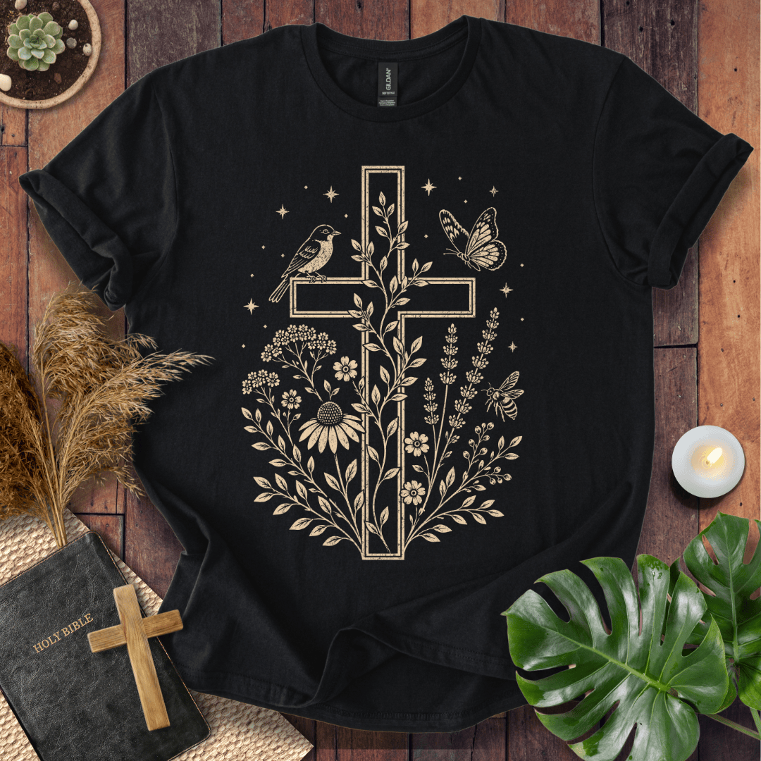 A black short-sleeve T-shirt laid flat on a rustic wood surface, featuring a large cream-colored cross graphic with a bird, flowers, leaves, stars, and butterflies. The shirt is styled with a Bible, a wooden cross, dried grass, a small candle, and green leaves around it.
