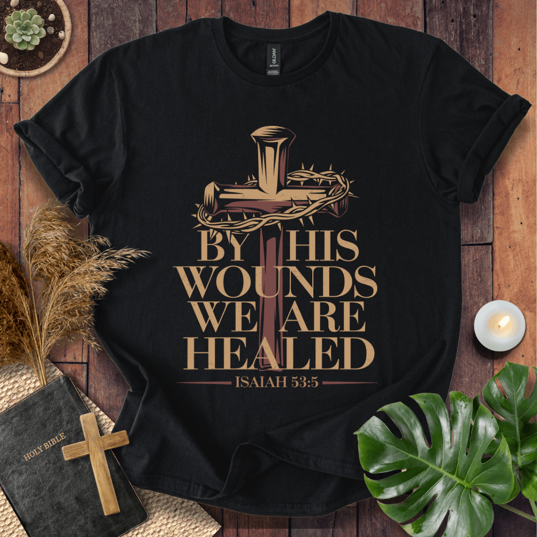 Christian Easter t-shirt with a rustic cross and crown of thorns graphic featuring the Bible verse Isaiah 53:5.
