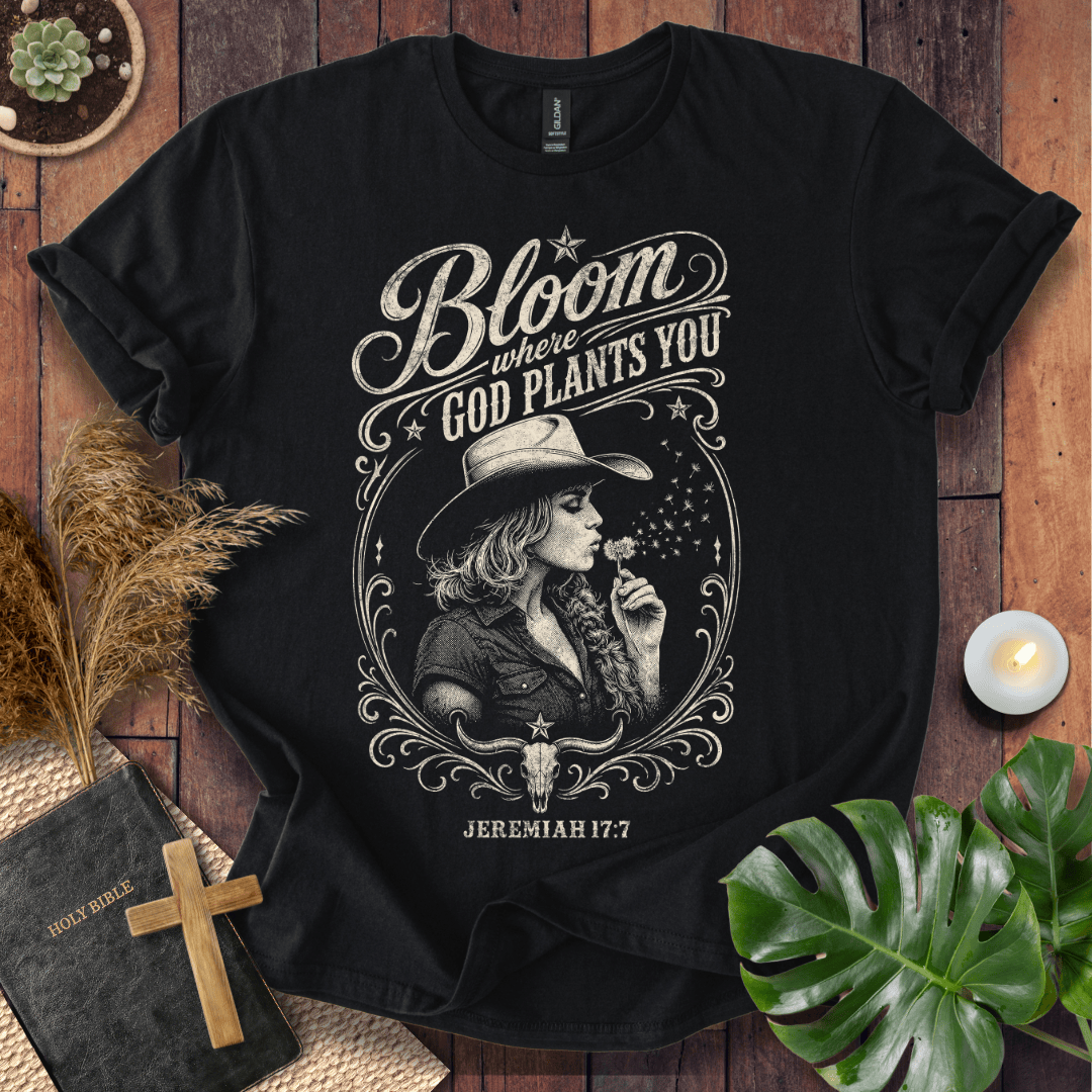 western graphic tee reading Bloom Where God Plants You Jeremiah 17:7 with a cowgirl in a cowboy hat.