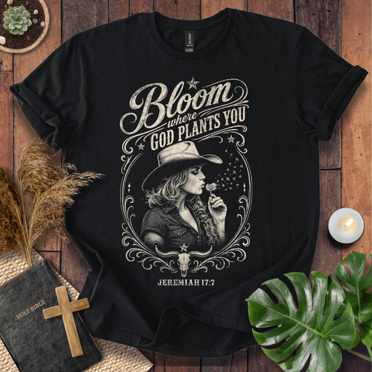 western graphic tee reading Bloom Where God Plants You Jeremiah 17:7 with a cowgirl in a cowboy hat.