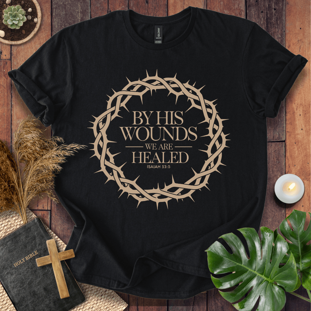 Christian t shirt with crown of thorns design and Isaiah 53:5 scripture verse for Easter resurrection.