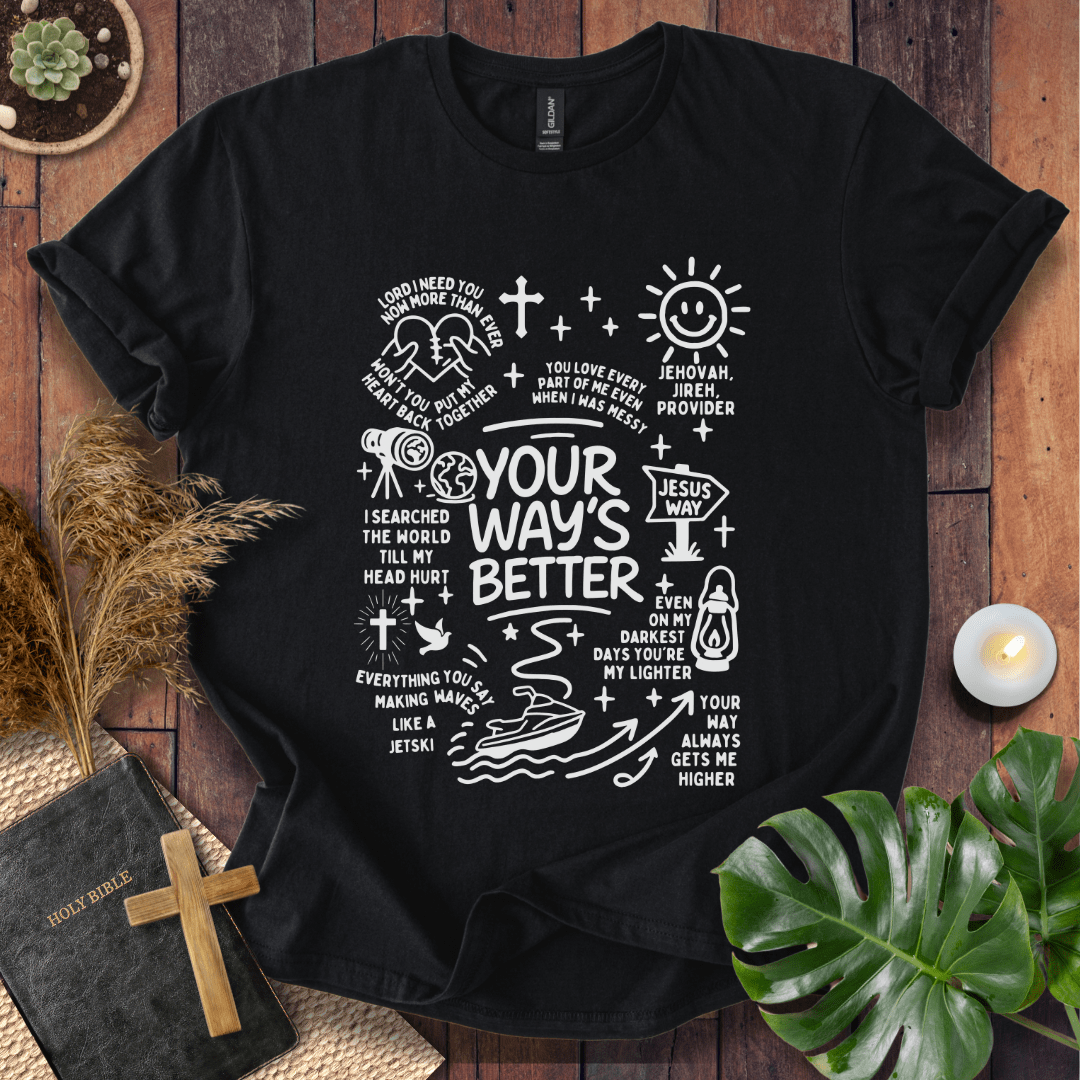 “Your Way’s Better” Christian t-shirt with doodle icons (crosses, lantern, Jesus Way sign); modern faith tee.