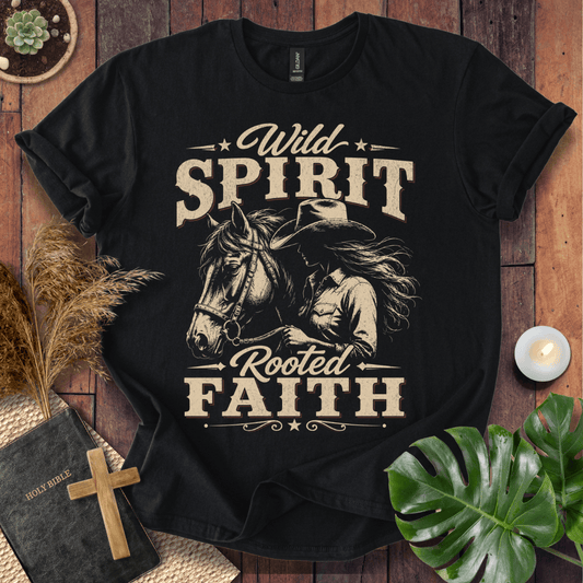 women's Christian tee shirt featuring a western cowgirl and horse with the text Wild Spirit Rooted Faith.