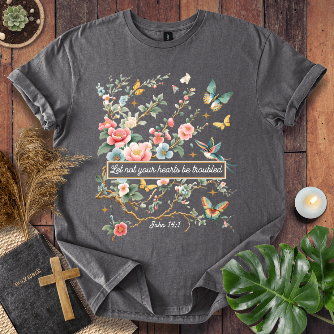 Christian t shirt for women featuring John 14:1 with pink flowers, butterflies, and a hummingbird in a botanical style.