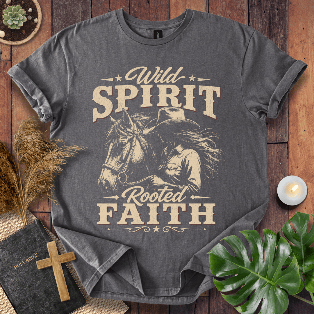 women's Christian tee shirt featuring a western cowgirl and horse with the text Wild Spirit Rooted Faith.