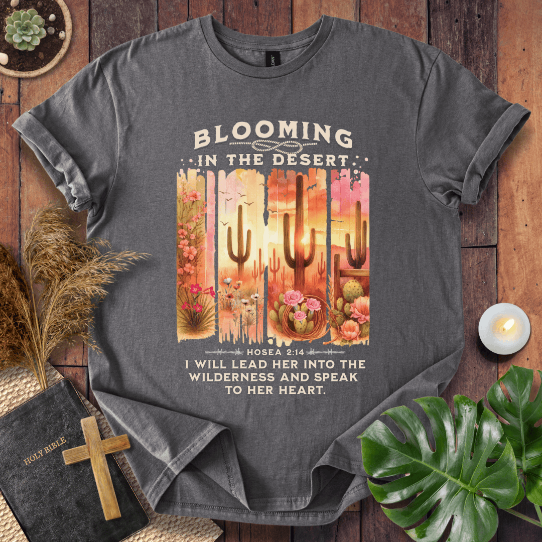 Christian t-shirt with desert sunset, cacti, and Hosea 2:14 scripture "I will lead her into the wilderness."