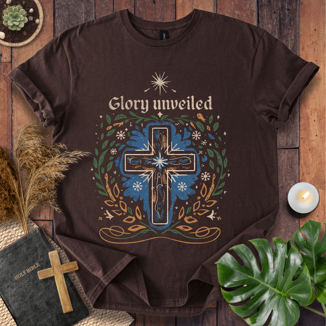Inspirational Christian t-shirt with blue and gold cross design – Glory Unveiled message