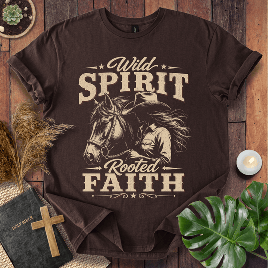 women's Christian tee shirt featuring a western cowgirl and horse with the text Wild Spirit Rooted Faith.