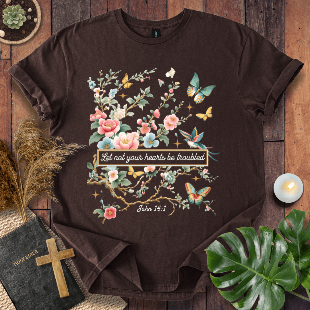 Christian t shirt for women featuring John 14:1 with pink flowers, butterflies, and a hummingbird in a botanical style.