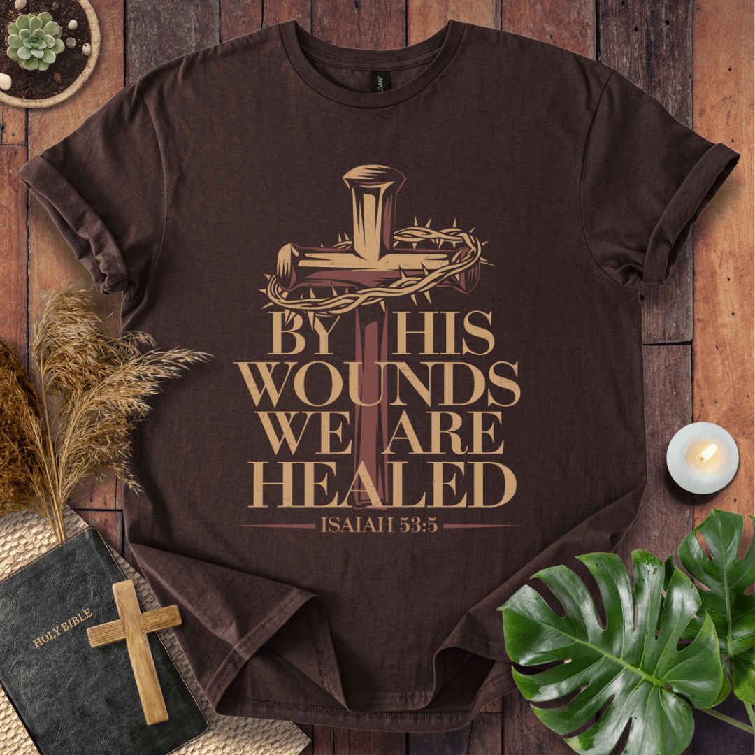 Christian Easter t-shirt with a rustic cross and crown of thorns graphic featuring the Bible verse Isaiah 53:5.