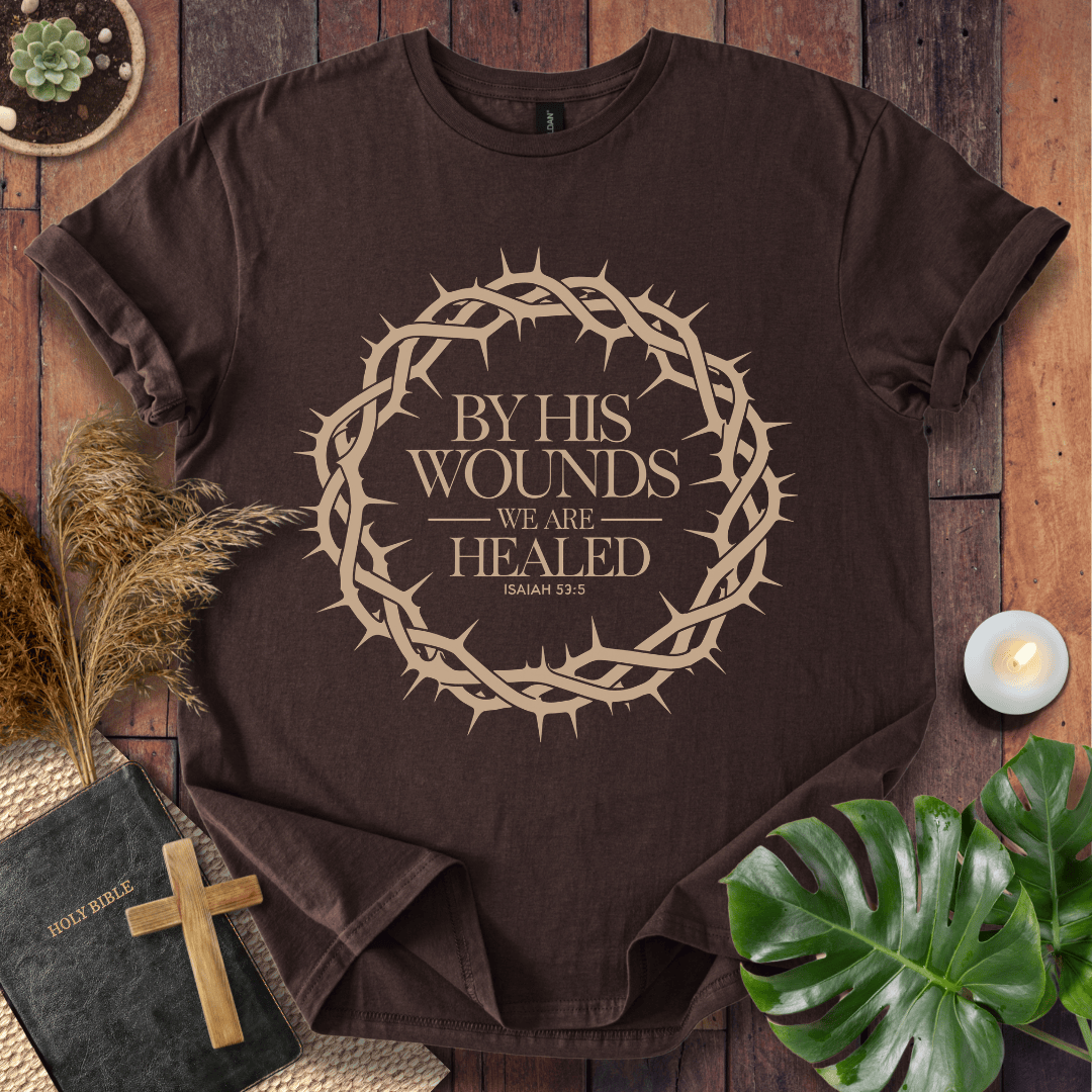 Christian t shirt with crown of thorns design and Isaiah 53:5 scripture verse for Easter resurrection.