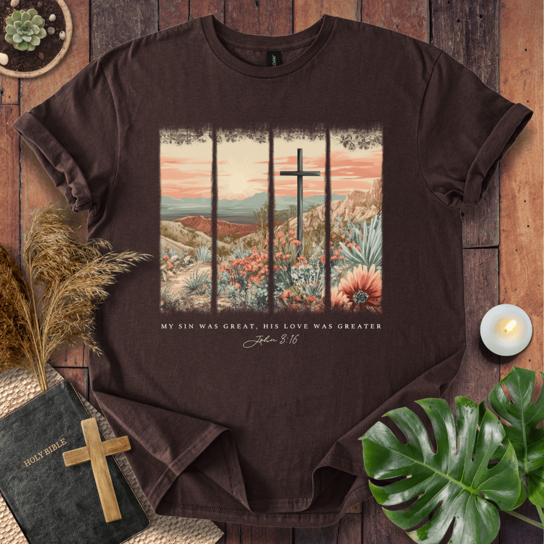 Christian Easter t-shirt with a vintage desert cross scene and John 3:16 text "My sin was great, His love was greater."