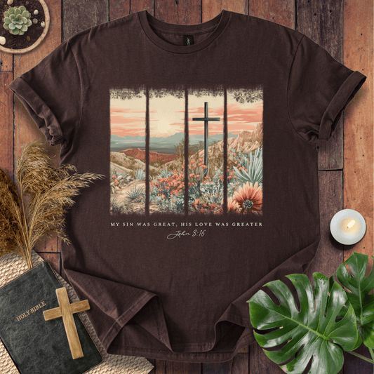 Christian Easter t-shirt with a vintage desert cross scene and John 3:16 text "My sin was great, His love was greater."