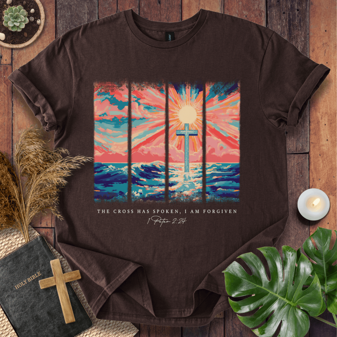 Christian t shirt for women featuring a colorful sunrise cross design and 1 Peter 2:24 scripture for Easter.