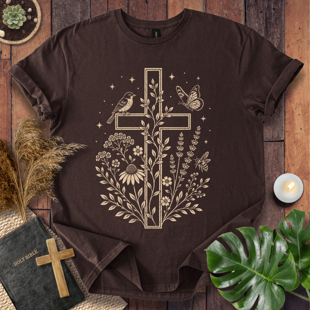 A dark brown short-sleeve t-shirt with a beige graphic of a cross, flowers, a bird, and a butterfly, styled in a flat-lay on a wooden surface with a Bible, candle, and green leaves.