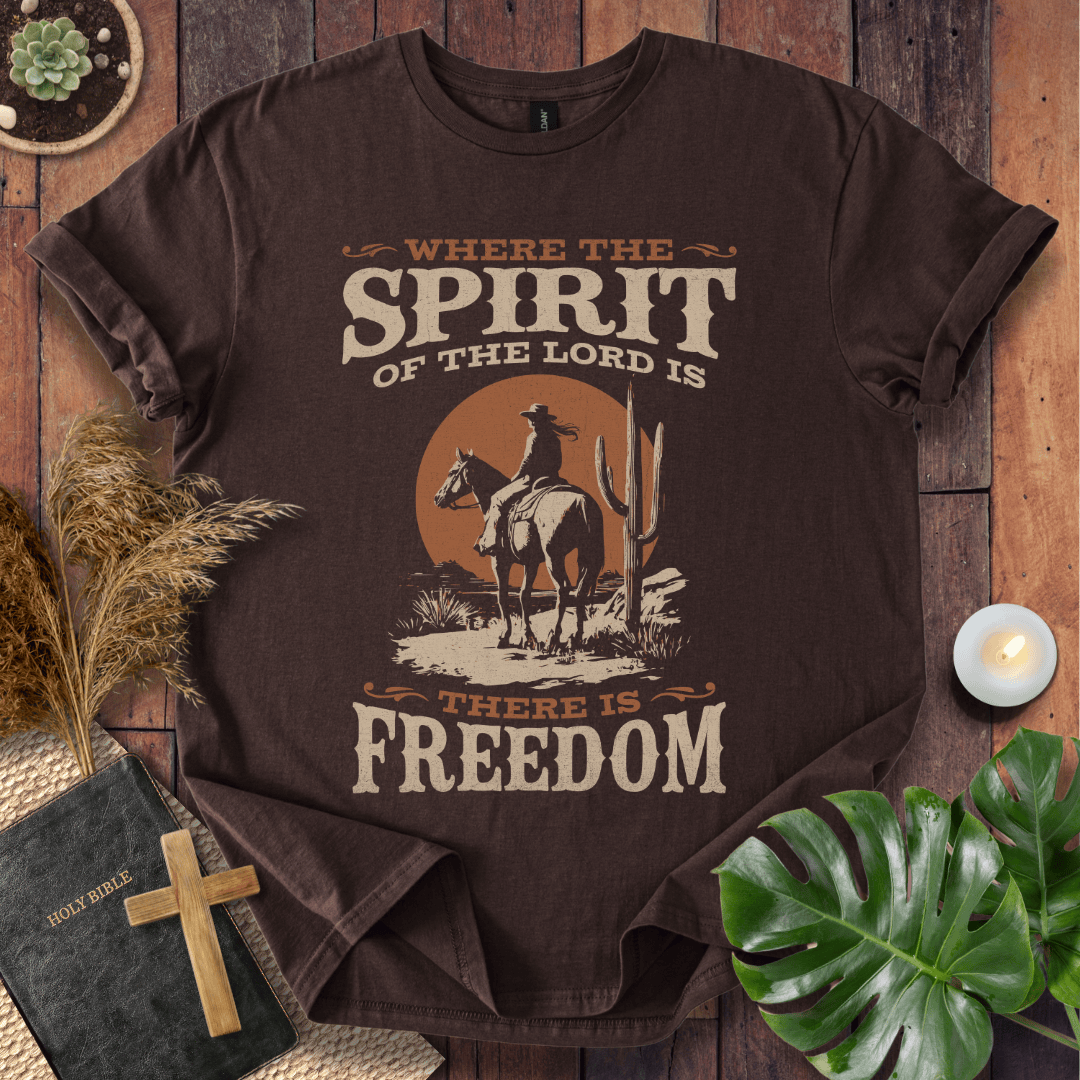 Western t-shirt featuring a horse rider, cactus, and sunset with the bible verse Where the Spirit of the Lord is there is Freedom.