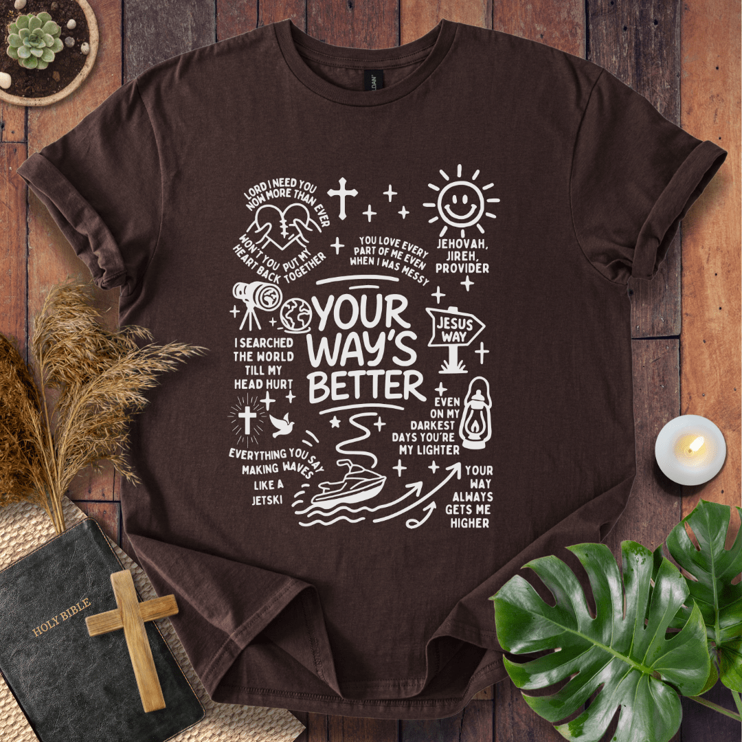 “Your Way’s Better” Christian t-shirt with doodle icons (crosses, lantern, Jesus Way sign); modern faith tee.