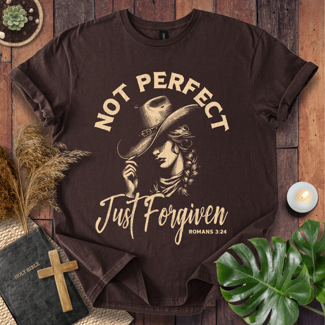 Not Perfect Just Forgiven Christian t-shirt for women with cowgirl design
