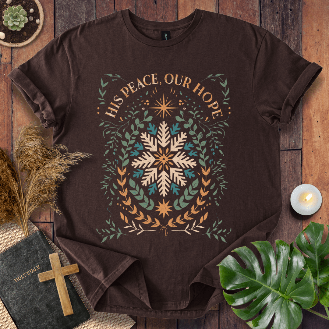 His Peace Our Hope Christian Christmas t-shirt with snowflake and wreath design