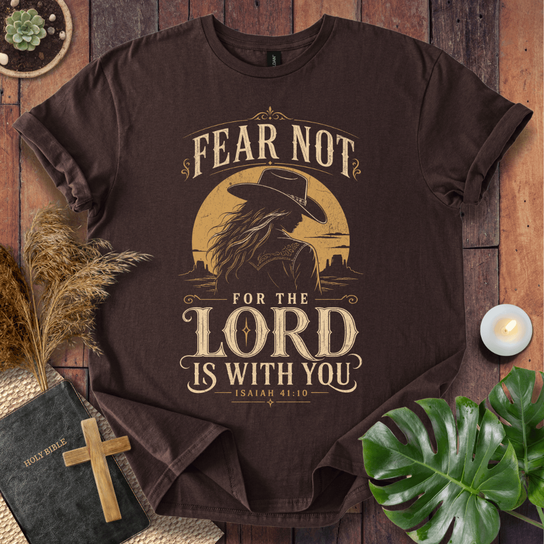 Christian t-shirt with a cowgirl silhouette, desert sunset, and Isaiah 41:10 Bible verse scripture.