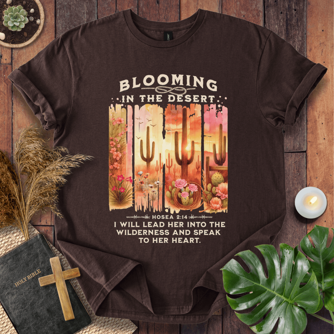 Christian t-shirt with desert sunset, cacti, and Hosea 2:14 scripture "I will lead her into the wilderness."