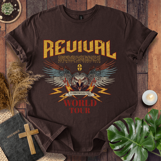Revival World Tour Christian t-shirt—eagle wings graphic with 2 Chronicles 7:14 verse.