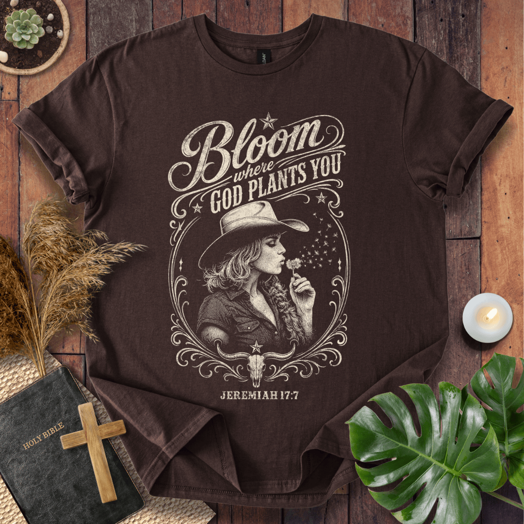 western graphic tee reading Bloom Where God Plants You Jeremiah 17:7 with a cowgirl in a cowboy hat.