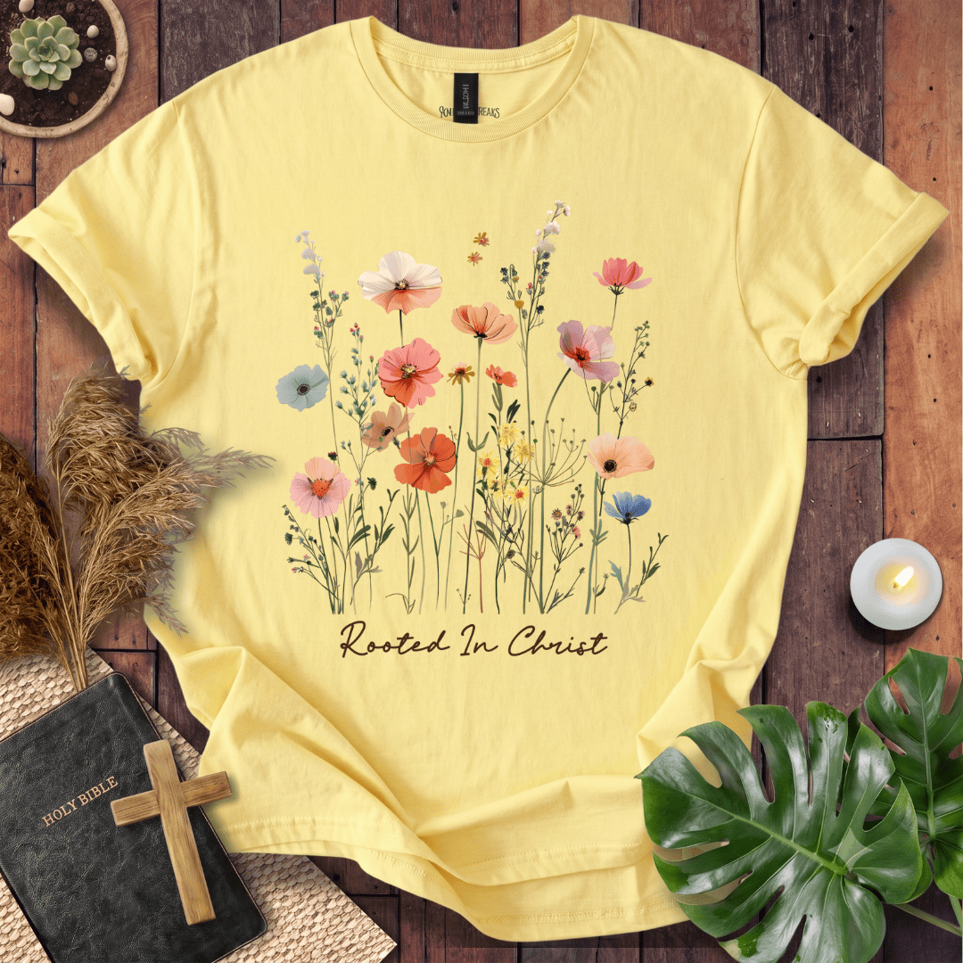 A pale yellow short-sleeve T-shirt laid flat on a rustic wooden surface, featuring a watercolor-style floral print with pink, orange, blue, and white flowers and the words 'Rooted In Christ' beneath them. Decorative props including a book with a wooden cross, pampas grass, a lit candle, and green leaves surround the shirt.