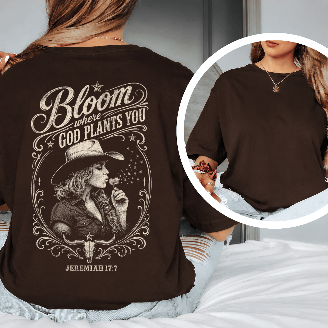 Back of Bloom Where God Plants You t-shirt from the Black.jpg file, featuring a western cowgirl and steer skull.