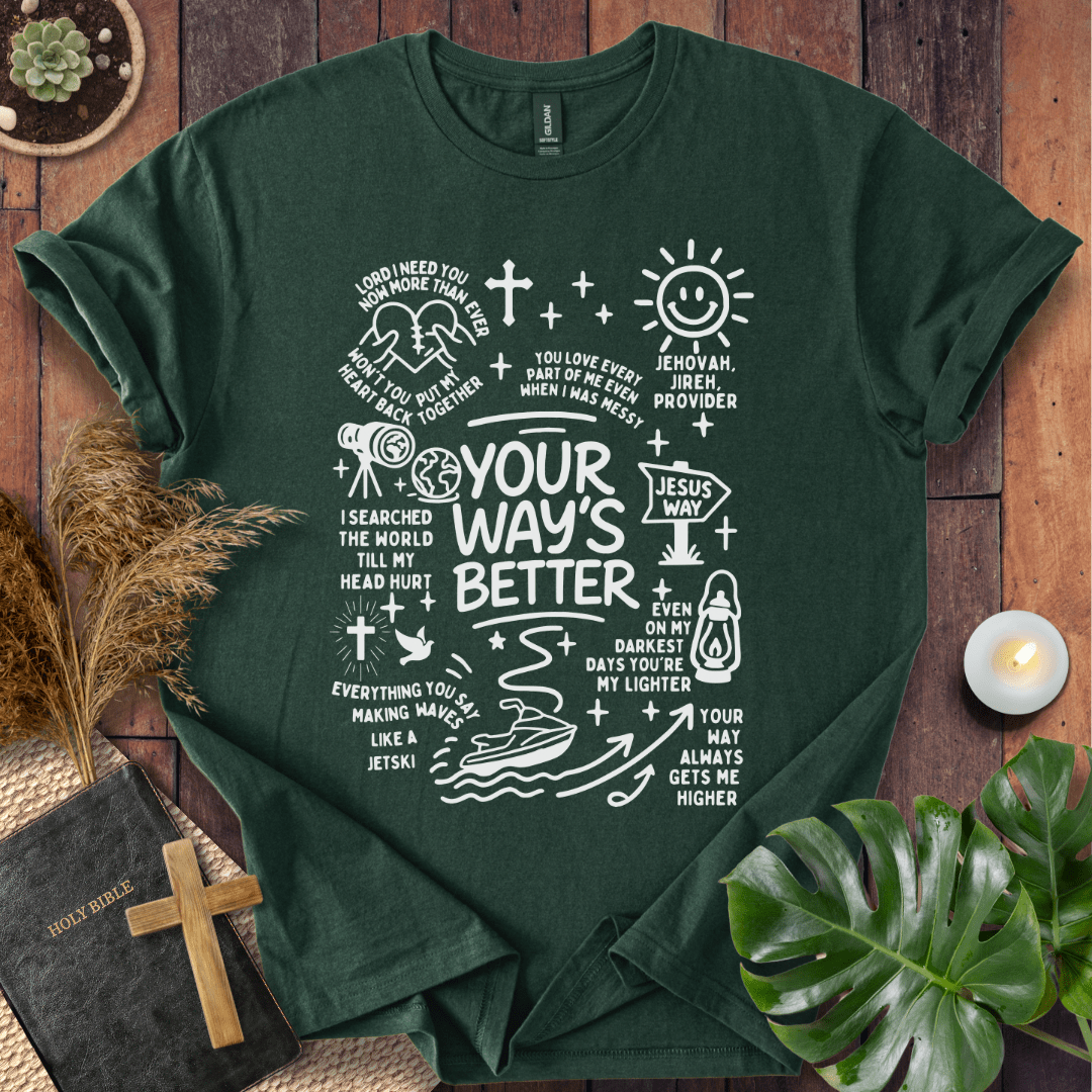 “Your Way’s Better” Christian t-shirt with doodle icons (crosses, lantern, Jesus Way sign); modern faith tee.