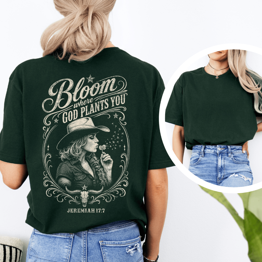 Back of Bloom Where God Plants You t-shirt from the Black.jpg file, featuring a western cowgirl and steer skull.