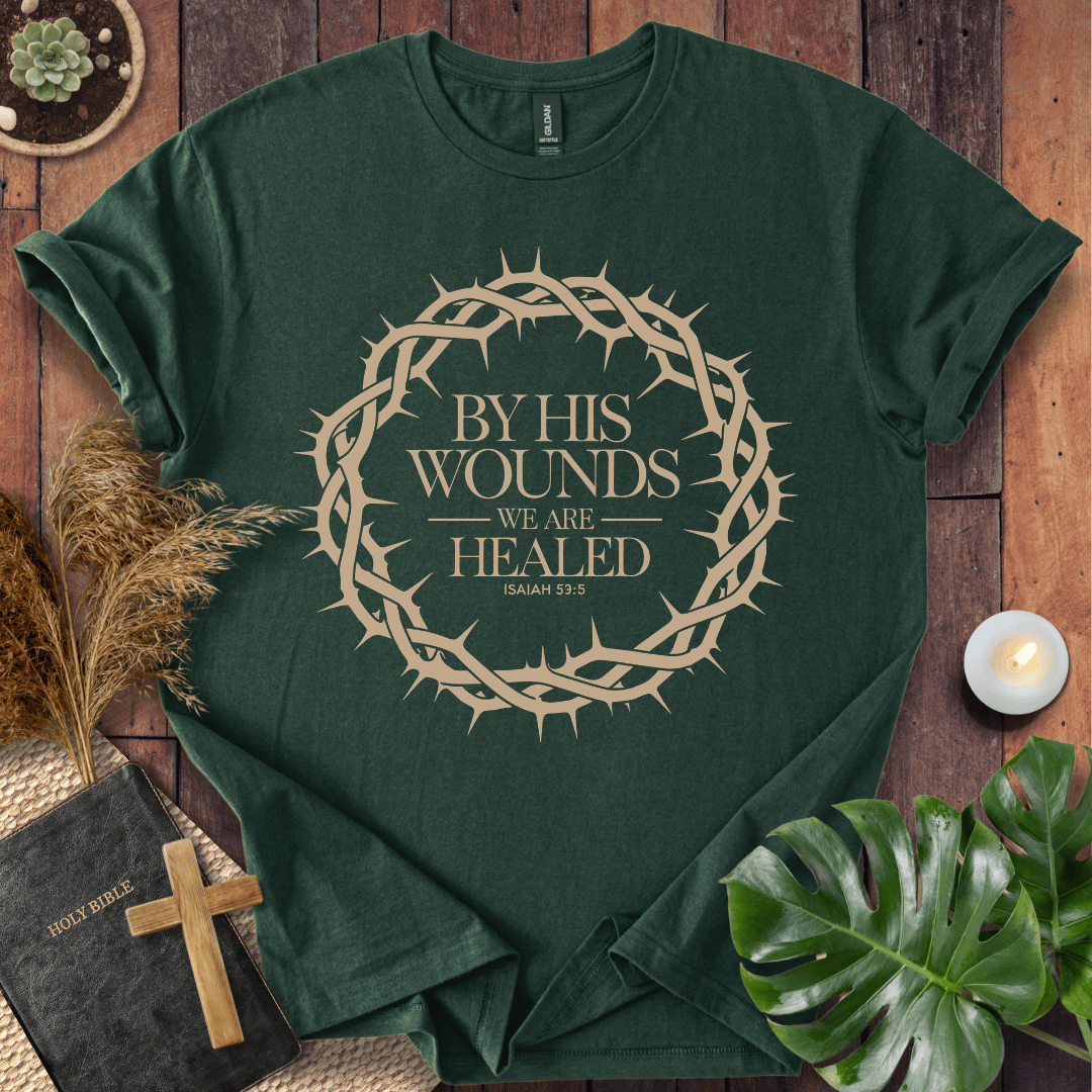 Christian t shirt with crown of thorns design and Isaiah 53:5 scripture verse for Easter resurrection.